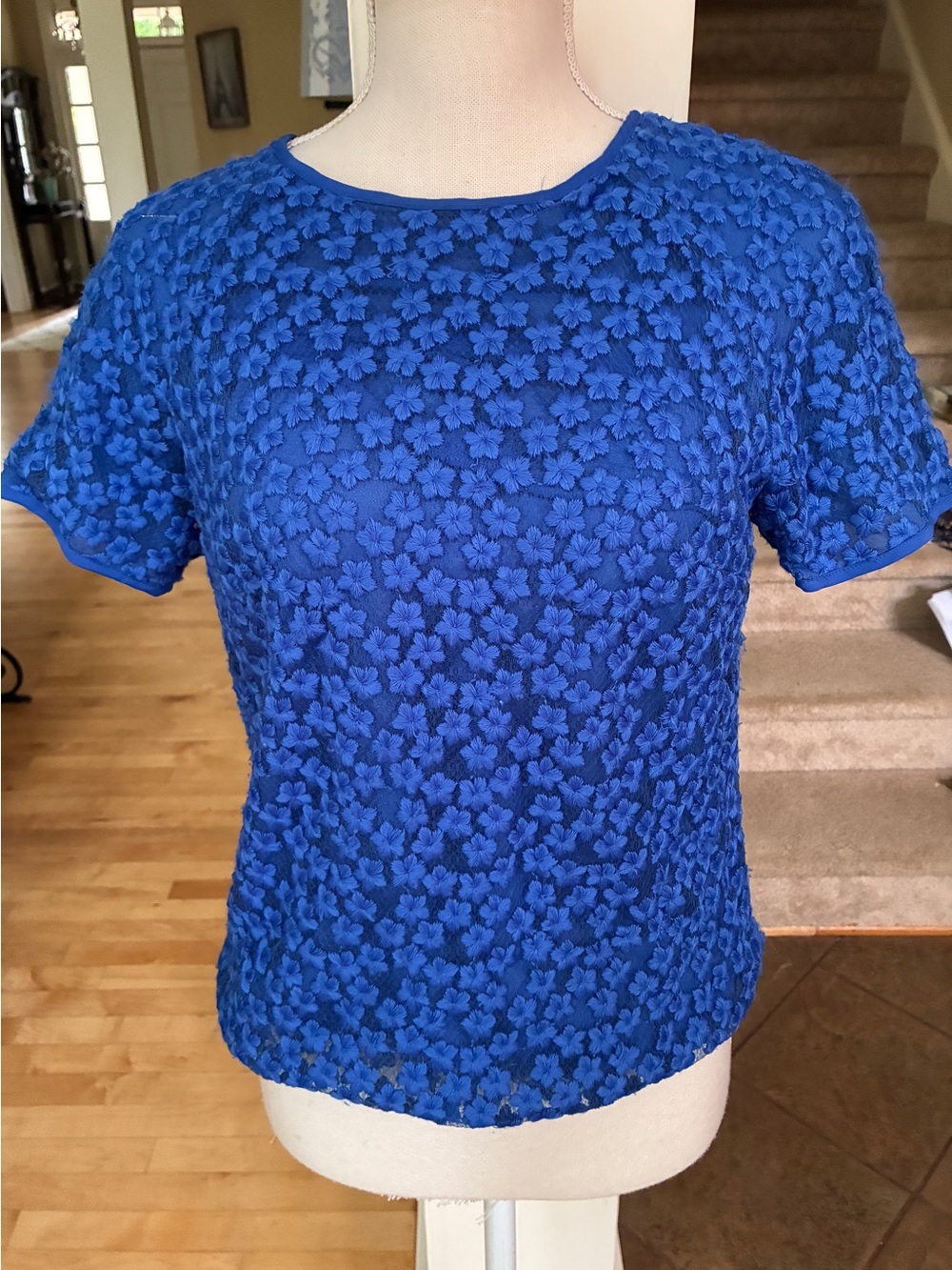 Reiss Royal Blue Floral Lace Short Sleeve Top